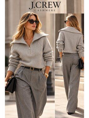 J.Crew Women's 100% Cashmere Cropped Half Zip Sweater Gray XS